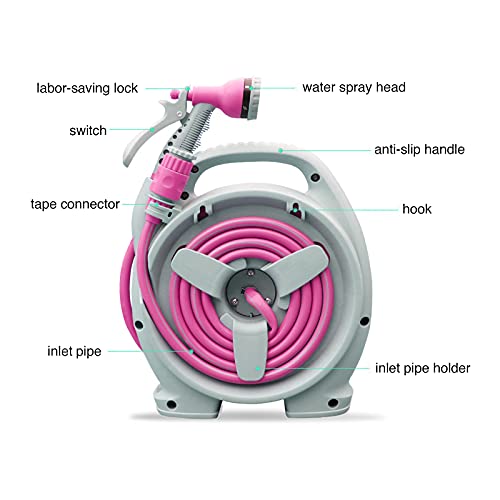 YEFA Retractable Garden Hose Reel - Convenient 50 FT Portable Hose with 6-Function Spray Nozzle for Versatile Watering, Cleaning, and More (Rose Red) - color: Rose Red