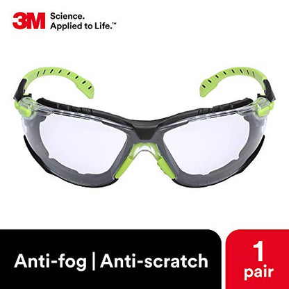 3M Safety Glasses, Solus 1000 Series, ANSI Z87, Scotchgard Anti-Fog, Clear Lens, Green/Black Frame, Removable Foam Gasket and Strap - size: Single, style: Clear Lens, Green/Black Frame With Gasket