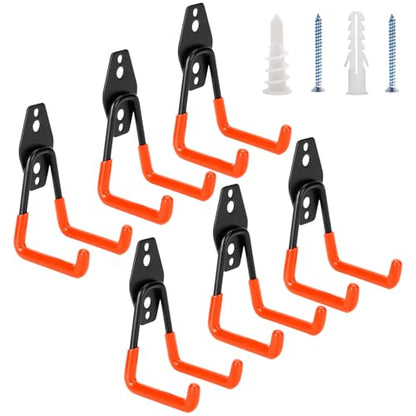 6 Pack Garage Hooks Heavy Duty - Supports 100 lbs, Utility Steel Garage Hanger & Organizer for Organizing Garden Lawn Tools, Ladders, Garden Hose, Digging Shovel, Bikes, Ropes (Orange) - size: 6 Pack