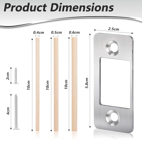 2 Pack Door Striker Plates Large Hole Deadbolt Strike Plate Stainless Steel Round Corner Latch Restorer StrikePlate with Wood Dowel Strips,Universal Backplate for Home Door