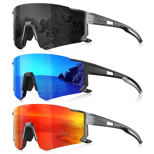 3 Pack Polarized Sunglasses for Men Women, Sports Mens Sunglasses with UV Protection for Baseball Cycling Running - color: A01-grey/Black Blue/Red