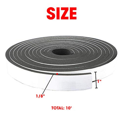 Neoprene Foam Strip Roll by Dualplex, 1" Wide x 10' Long x 1/8" Thick, Weather Seal High Density Stripping with Adhesive Backing – Weather Strip Roll Insulation Foam Strips - size: 1" Wide x 10' Long x 1/8" Thick