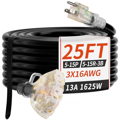 PlugSaf 25 FT 16/3 Gauge Outdoor Extension Cord with Multiple Outlets Light Indicator, Flexible 3 Outlet Weatherproof Extension Cord Waterproof Black, 13A 1625W 16AWG SJTW, ETL Listed - color: Black, size: 25FT