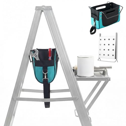 2 Pcs Ladder Tool Tray and Tool Bag Set for A-Frame Ladders (10–11.8”), Heavy Duty Platform for Painting, Repair & DIY