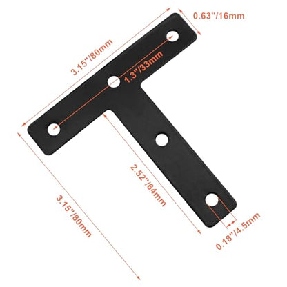 Bivethoi 10 Pcs T Shape Flat Mending Plates 80mm x 80mm (3.15" x 3.15") T Corner Braces T Bracket Connector Fixing Repair Plates for Wood Furniture, Cabinet, Windows, Black - size: 80x80mm/3.15"x3.15", style: T shape