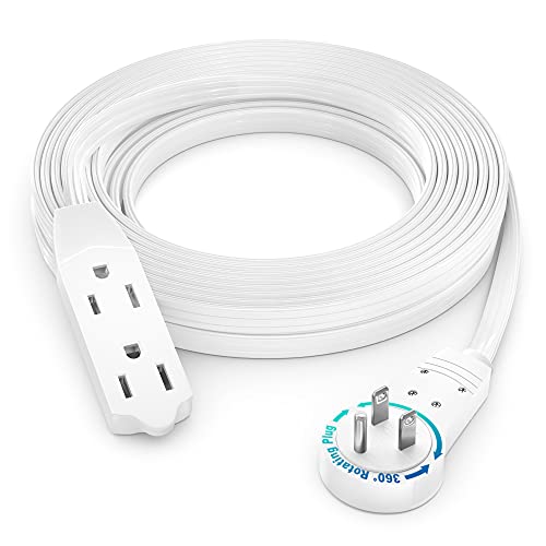 Maximm Cable 15 Ft 360° Rotating Flat Plug Extension Cord/Wire, 16 AWG Multi 3 Outlet Extension Wire, 3 Prong Grounded Wire - White - UL Certified - color: White, size: 15 Feet
