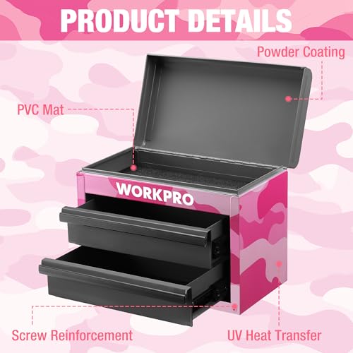 WORKPRO Metal Mini Tool Box, Top Tool Chest containing Two Drawers with Ball Bearing Slides, PVC Drawer Liners and PP Feet Pads, Cold Rolled Steel Small Toolbox for Multi-Purpose Storage - Pink Ribbon - color: Pink Camo