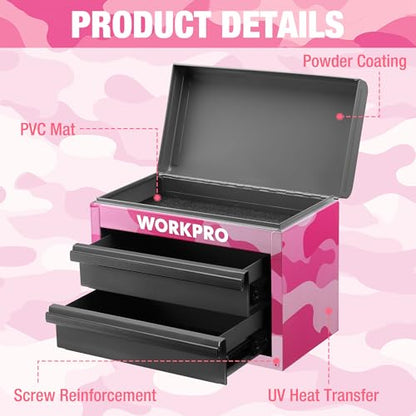 WORKPRO Metal Mini Tool Box, Top Tool Chest containing Two Drawers with Ball Bearing Slides, PVC Drawer Liners and PP Feet Pads, Cold Rolled Steel Small Toolbox for Multi-Purpose Storage - Pink Ribbon - color: Pink Camo