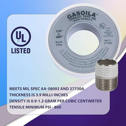Gasoila PTFE Thread Seal Tape – Professional-Grade, 1/4 Inch x 260 Inch, High-Density Thread Tape for Plumbing, HVAC, Gas Lines, Water Pipes, and Air Compressors – Leak-Proof Seal, Non-Toxic - size: 1/4 Inch X 260 Inch Roll- 1 Pack