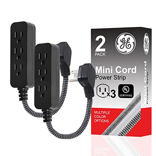 GE 3-Outlet Power Strip Mini Extension Cord with Multiple Outlets 5 Inch Braided Short Cord Extension Cord Grounded Flat Plug Extension Cord ETL Listed 2 Pack Black 53240 - color: Black, size: 5 in | 2 Pack