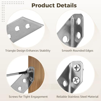 60 Pcs Stainless Steel Angle Corner Brackets, Universal Stainless Steel Furniture Corner Connector, 90 Degree Corner Braces for Wood, with 420 Screws, 2.4 in Long Side