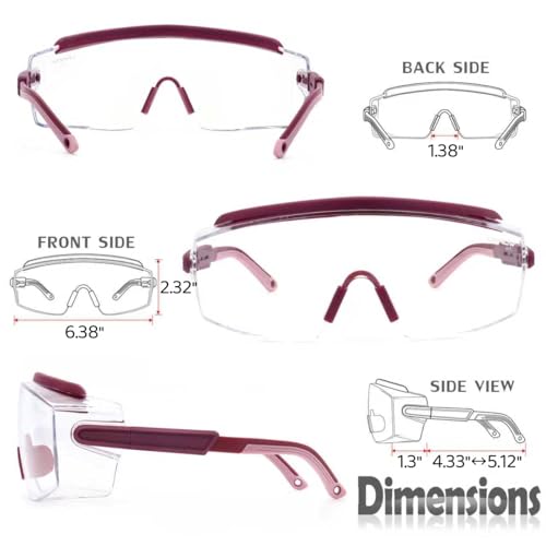 UKNOW Safety Goggles Over Glasses, Anti Fog Safety Glasses with Clear Wraparound Lens, ANSI Z87.1 Protective Eyewear - color: Burgundy