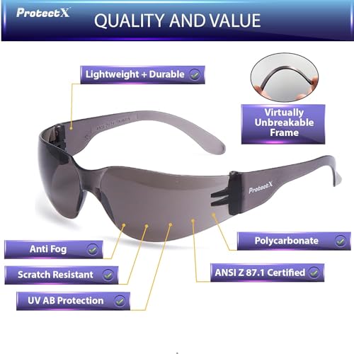 ProtectX Safety Glasses for Men & Women, Safety Sunglasses with Anti-Fog Scratch Resistant Lenses, Non-Slip Grips, ANSI Z87.1 - color: Skywalker Tinted Smoke 12 Pk