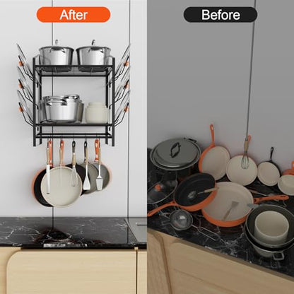 VyGrow 17 Inch Pot Rack Wall Mounted, 2 Tier Pots and Pans Organizer with 10 Hooks and 6 Pot Lid Holders, Heavy Duty Steel Pot and Pan Hanger for Kitchen Cookware Utensils Storage 24" Lx13 Wx20.5 H - color: 17"W 2 Tier Black