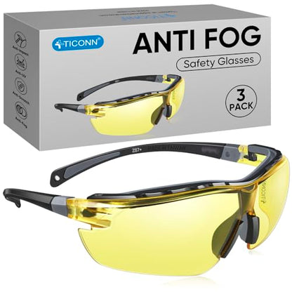 TICONN Anti-Fog Safety Glasses for Men and Women, ANSI Z87.1 Scratch Proof Eye Goggles with Adjustable Arms and UV Protection - style: 3 Pack/Yellow