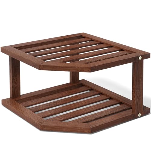 VERTORGAN Bamboo Corner Shelf,2 Tier Plate Organizer for Cabinet and Countertop,Pantry Dish and Spice Rack for Kitchen（Brown） - color: Brown, size: 1 Pc