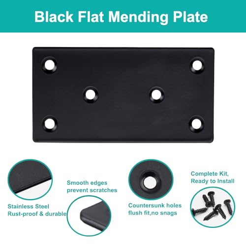 8 Pcs Flat Mending Plate 3.15" x 1.57", Black Stainless Steel Straight Bracket with Screws, Heavy Duty Flat Brace Fixing Joining Plate for Wood, Furniture, Bed Frame, Shelves & DIY Projects - size: 3.1 x 1.57inch