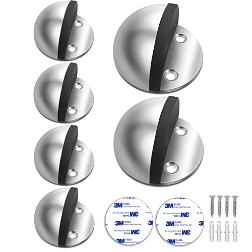 6 Pack Door Stop, Adhesive Door Stoppers Floor Mounted Door Stops No Drill with Rubber Bumper Wall Protector, Stainless Steel, Silver - color: Silver, size: 6 Pack