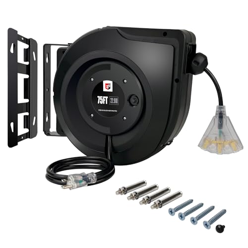 EP Retractable Extension Cord Reel,75 Feet 14 AWG/3C SJTOW Heavy Duty Power Cord,10 AMP Circuit Breaker, 3-Lighted Triple Outlets,Ceiling or Wall Mount Use Indoor, Black - color: Black