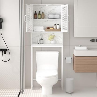 Launica Over The Toilet Storage Cabinet, Bathroom Organizer Over Toilet, Wood Metal Industrial Bathrooms Space Saver Shelf, Freestanding Bathroom Cabinet Above Toilet with Rack, White Marble - color: White Marble