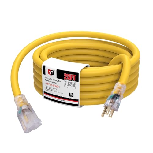 EP 25 Ft Lighted Outdoor Extension Cord - 10/3 SJTW Heavy Duty Yellow Extension Cable with 3 Prong Grounded Plug for Safety, UL Listed - color: Yellow, size: 25ft