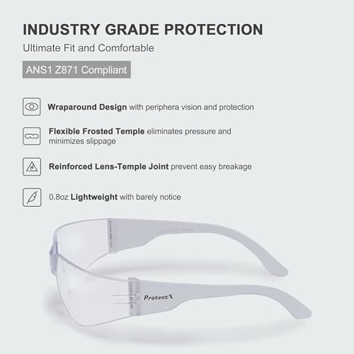 ProtectX Safety Glasses for Men & Women, Safety Sunglasses with Anti-Fog Scratch Resistant Lenses, Non-Slip Grips, ANSI Z87.1 - color: Skywalker Clear 12 Pk