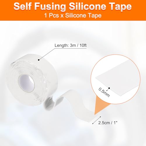 uxcell Self Fusing Silicone Tape, 1" x 10ft Waterproof Water Leak Sealing Tape for Plumbing Pipe Hose Repair Handles, White (0.5mm Thick) - color: White