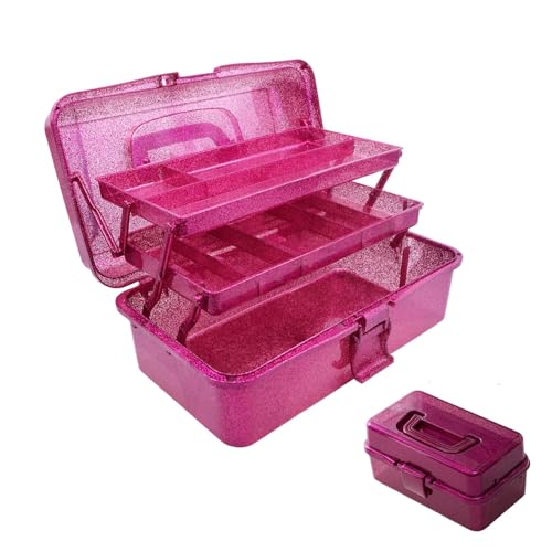 12.2inch 3-Layer Art & Craft Tool Storage Box, Beautiful Sewing Supplies Organizer, Plastic Portable Fishing Tackle Boxes, for Art Supply, Makeup, Hair Accessories,Painting Tools Container (Hot Pink) - color: Hot Pink