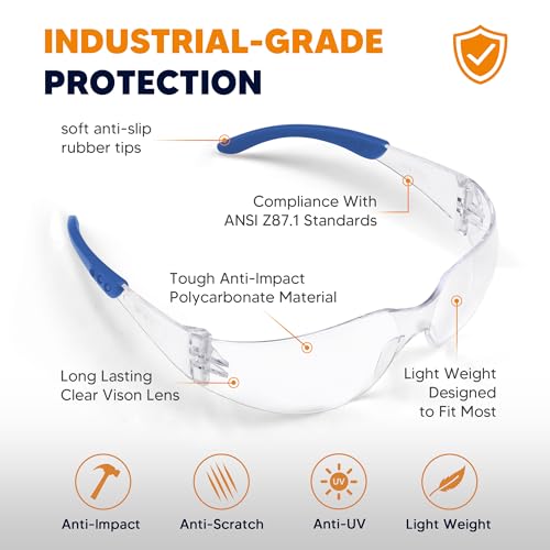 Clear Safety Glasses 24 Pack, Polycarbonate Lens with Rubber Temples, Safety Goggles Anti-Scratch Impact Resistant, Eye Protection for Work Lab Construction, Clear Lens/Blue Frame - color: 24pack Clear Lens/Blue Frame