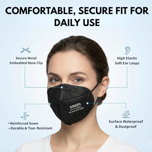Kingfa KN95 Face Masks 50 Pack, GB2626-2019 Certified 5-Layer, 95% Filtration, Adjustable Nose Clip - color: Black