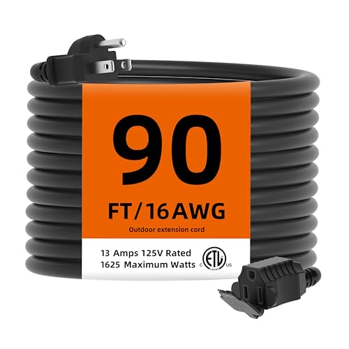 TiFFCOFiO Indoor Outdoor Extension Cord Waterproof, 90 Feet 3 Prong Power Cord for Home and Garden, 16 AWG, 13A/1625W, ETL Listed