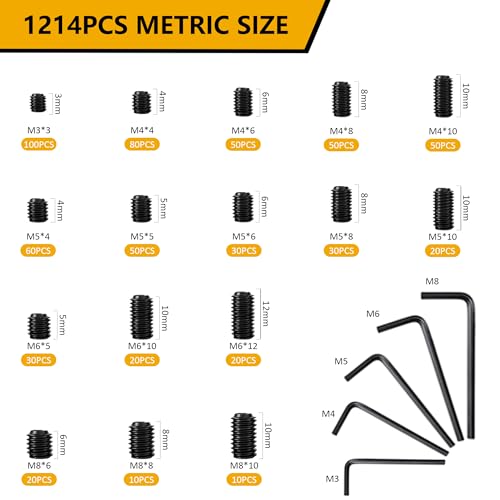 ZTF 1214Pcs Metric & SAE Set Screw Assortment Kit, Internal Hex Drive Set Screws for Bathroom Fixtures, Door Handles, Towel Rack Screws, 12.9 Grade Alloy Steel Grub Screw (M3-M8, 1/8"-40 to 5/16"-18) - size: black-1214pcs