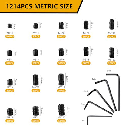 ZTF 1214Pcs Metric & SAE Set Screw Assortment Kit, Internal Hex Drive Set Screws for Bathroom Fixtures, Door Handles, Towel Rack Screws, 12.9 Grade Alloy Steel Grub Screw (M3-M8, 1/8"-40 to 5/16"-18) - size: black-1214pcs