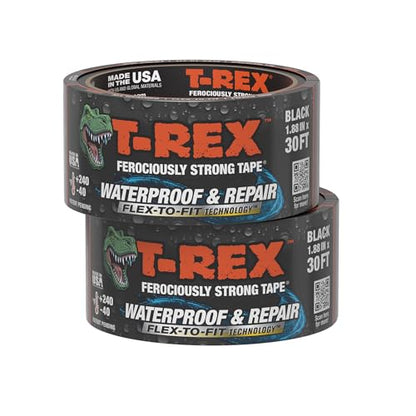 T-REX Flexible Waterproof Tape - Heavy Duty Adhesive Waterproofing Tape for Repair, Leaks, Roof Patches - Extreme Weather & UV Resistance - Black, 1.88" x 30 ft. (Pack of 2) - size: 1.88" x 30 ft. (Pack of 2)