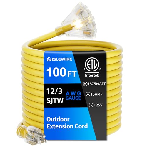 100 FT Outdoor Extension Cord with Multiple Outlets, 12 Gauge Heavy Duty Yellow Extension Cord Waterproof with 3 Outlet, 3 Prong Power Cord for Garden and Home Use Indicator Light, ETL Listed - color: Yellow, size: 100ft