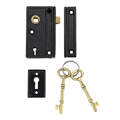 A29 Cast Iron Rim Lock Heavy Duty, Weather and Rust Resistant, Manual Latch for French & Screen Doors, Easy Install Hardware Included - Black Powder Coat Finish, Compact Size, 3.4 x 2.0", 1.4" Backset - style: Narrow Screen Door Rim Lock