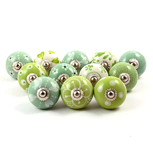 Eleet Handpainted Designer Ceramic Knobs - Pack of 12 Green & White Vintage Cabinet Cupboard Door & Drawer Pulls Chrome Hardware (12, Green & White) - color: Green & White, style: Ceramic Knobs Set of 12