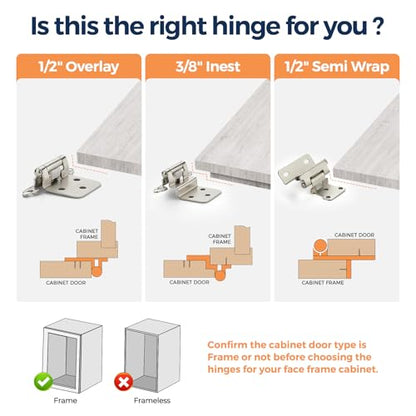 4 Pack (2 Pairs) 1/2" Overlay Cabinet Hinges, Brushed Nickel Self-Closing Semi-Concealed Partial Wrap Face Frame Hinges for Cabinet Doors - color: Brushed Nickel