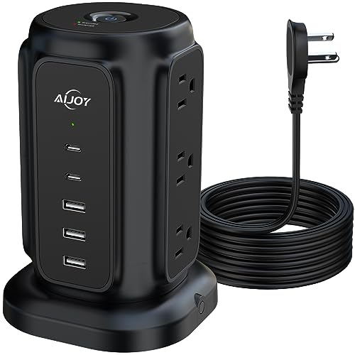 AiJoy Tower Surge Protector Power Strip, 14-Device Charging Station with 9 AC Outlets & 5 USB (2 USB-C), 1200J Surge Protection, 6.5FT Flat Plug Extension Cord, Wide-Spaced Outlets, Individual Switch - color: Black
