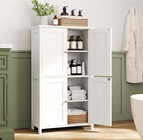 Nuturelly Bathroom Floor Storage Cabinet, Freestanding Pantry Cabinets with 4 Doors & 3 Adjustable Heights, Bathroom Organizers and Storage Waterproof Board & Metal Handles for Kitchen, Creamy White