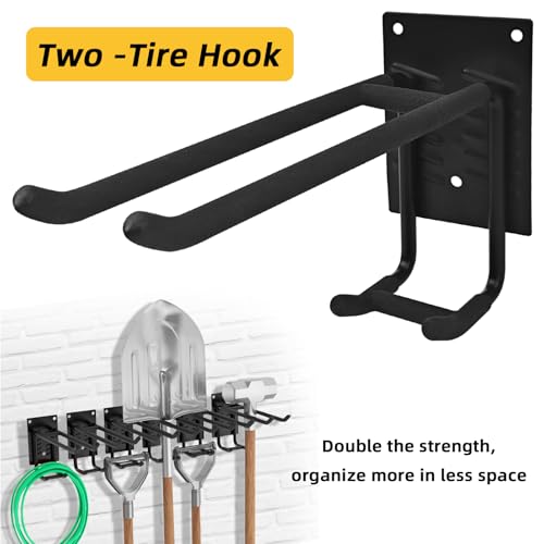 2 Pack Garage Hooks Heavy Duty Steel Garage Storage Hooks Two-Tire Wall Hooks for Organizing Tools Ladders Tires Bikes Garden