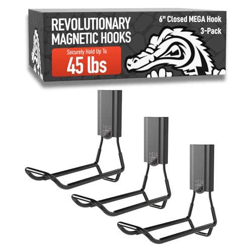 GATOR MAGNETICS MEGA 6 in Closed Hooks, 45 lb Heavy Duty Magnetic Hooks for Steel Surfaces, Patented Easy-Release, Non-Slip Grip – Storage & Organization, Garage, Home Tools & Gear Storage – 3 Pack - size: 6 Inch, style: Closed