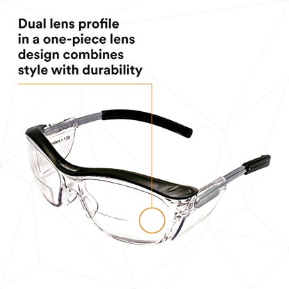 3M Safety Glasses with Readers, Nuvo Protective Eyewear, +1.5, ANSI Z87, Clear Lens, Retro Gray Frame, Soft Nose Bridge, Side Shields - color: Clear Lens (+1.5), Gray Frame, size: +1.5 Diopter