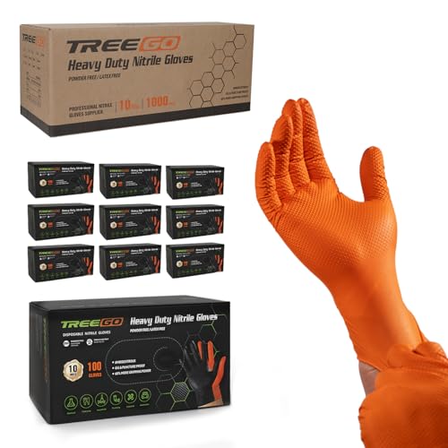TREEGO Orange Nitrile Gloves 10 Mil Heavy Duty Disposable Latex Free Gloves – Diamond Grip Mechanic Gloves for Automotive Construction Work, Medium, 1000 Count Case - color: Orange 1000, size: Medium