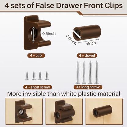 Juexica False Cabinet Front Clip False Drawer Front Clips Sink Tip Out Snap with Screws Screwdrivers for Hardware Replacements(Dark Brown,4 Pairs) - color: Dark Brown