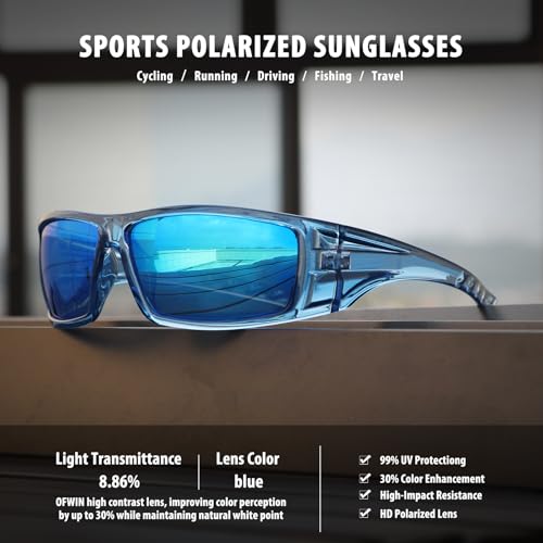 Polarized Sports Sunglasses for Men Women Unbreakable Frame Cycling Fishing Wrap Around Sunglasses UV400 Protection - color: 1-clear Blue Frame/Blue Mirror Lens