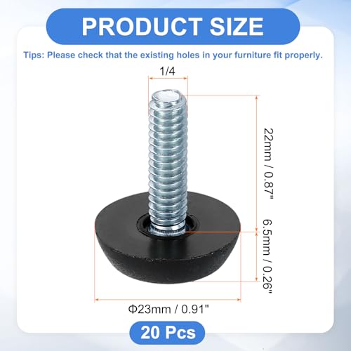 uxcell 20Pcs 1/4" Thread Furniture Feet Levelers, 23x22mm Adjustable Leveling Table Feet, Screw on Furniture Glide Leveling for Chair Stool Legs, Black - size: 1/4"
