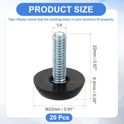 uxcell 20Pcs 1/4" Thread Furniture Feet Levelers, 23x22mm Adjustable Leveling Table Feet, Screw on Furniture Glide Leveling for Chair Stool Legs, Black - size: 1/4"