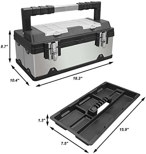 18" Stainless Steel Portable Storage Tool Box Organizer with Metal Lock, Clear Lid Compartments, and Removable Tray - Stainless Steel/Black - style: 19 inch Stainless Steel & plastic toolbox
