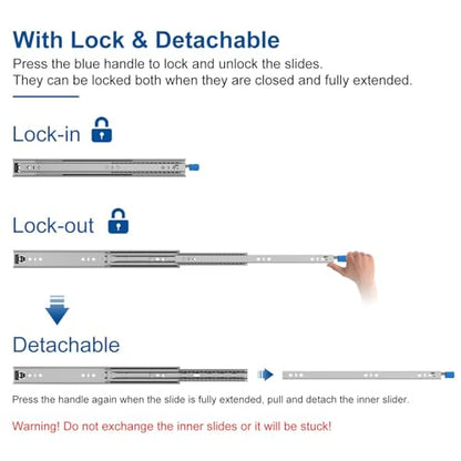 VADANIA 24" Heavy Duty Drawer Slide with Lock #D53, 2" Width Up to 125lb Load Capacity, 3-Fold Full Extension, Ball Bearing Lock-in & Lock-Out, Side Mount, 1-Pair - size: 24 Inch, style: #D53(53mm wide)